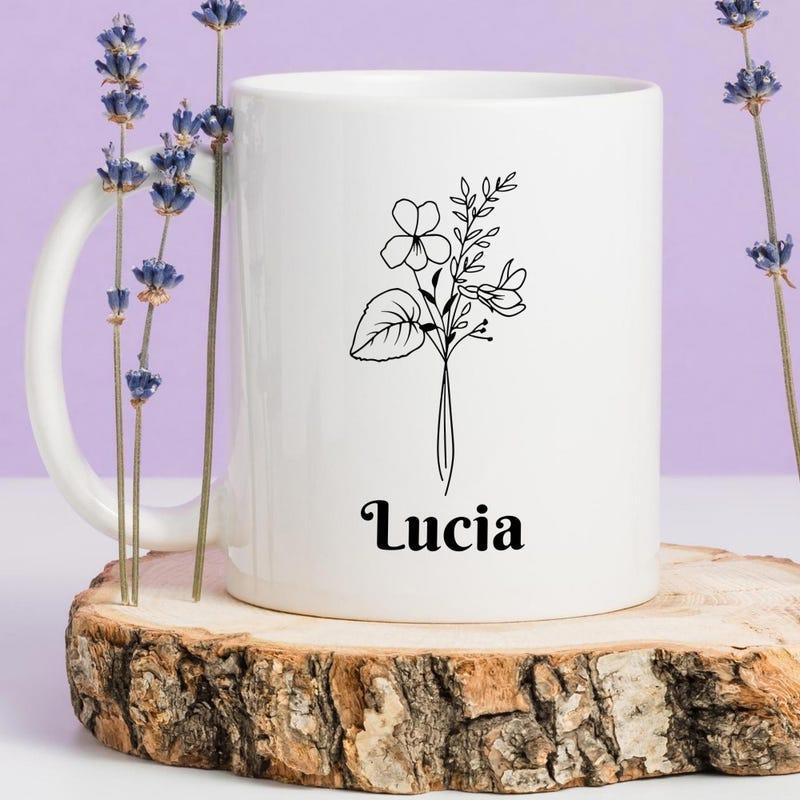Tailorly White Ceramic 11 oz Mug - Lucia Minimalist Black Line Art Sketch Of Wild Botanical Leaves And Flower