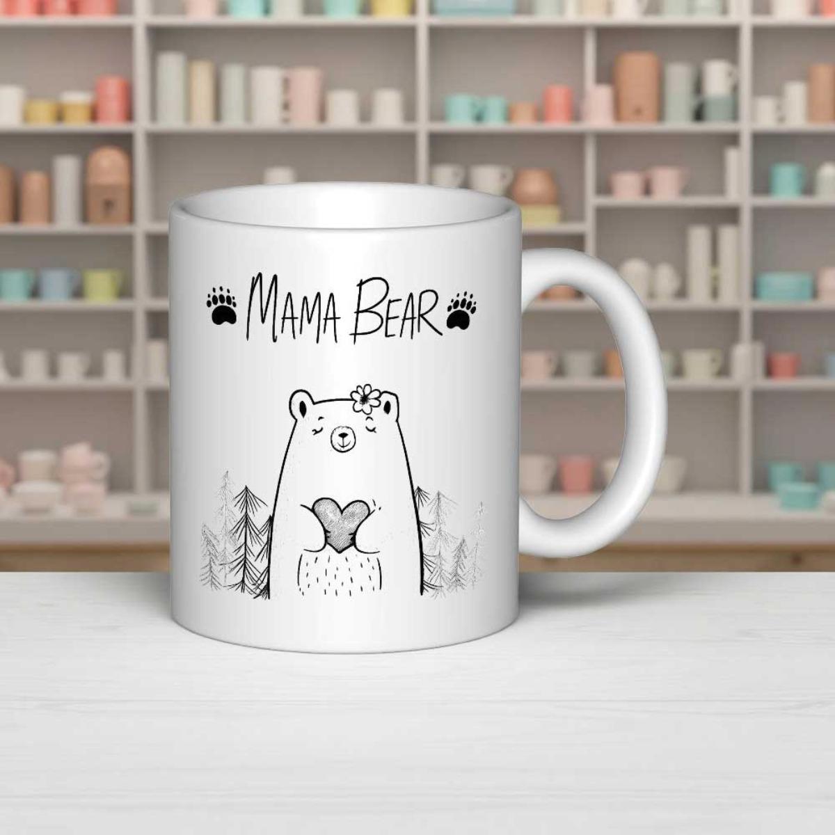 Tailorly White Ceramic 11 oz Mug - Mama Bear Sweet Minimalist Line Art Design Holding A Heart Among Leaves Bear