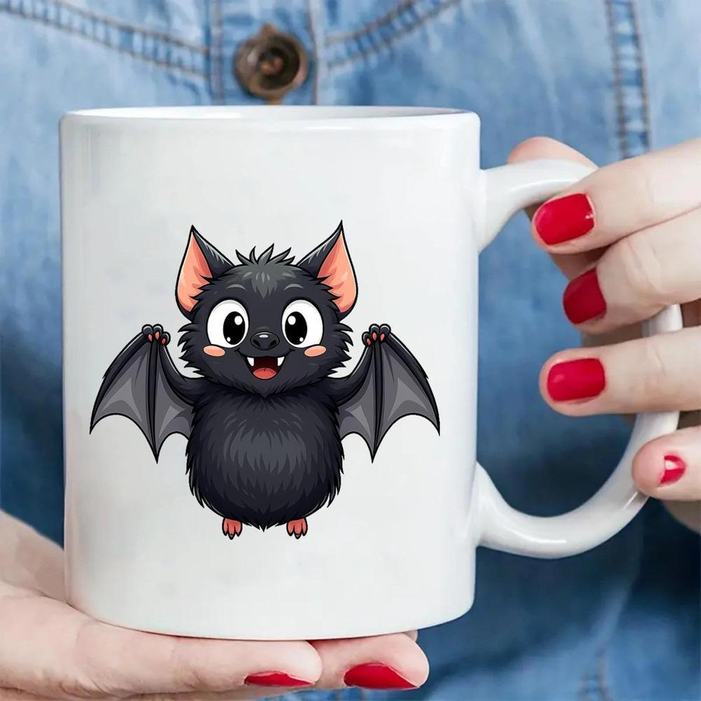 Tailorly White Ceramic 11 oz Mug - Cute Fluffy Black Bat Flying With Large Eyes And Tiny Fangs Bat