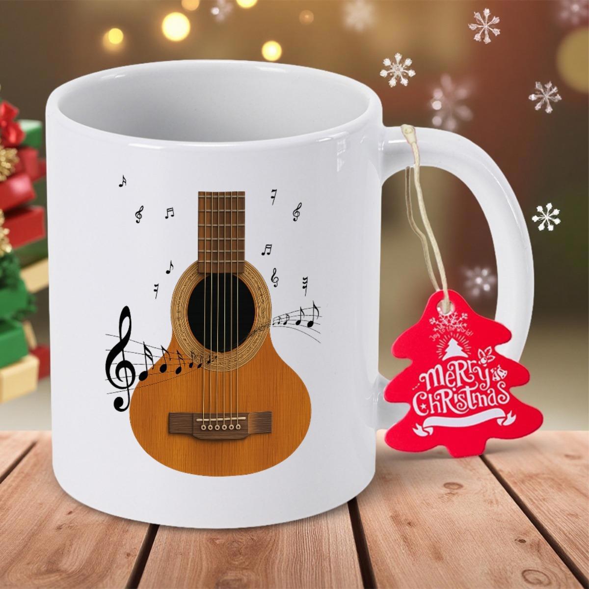 Tailorly White Ceramic 11 oz Mug - Artistic Wooden Acoustic Instrument Surrounded By Floating Rhythmic Musical Notes Guitar