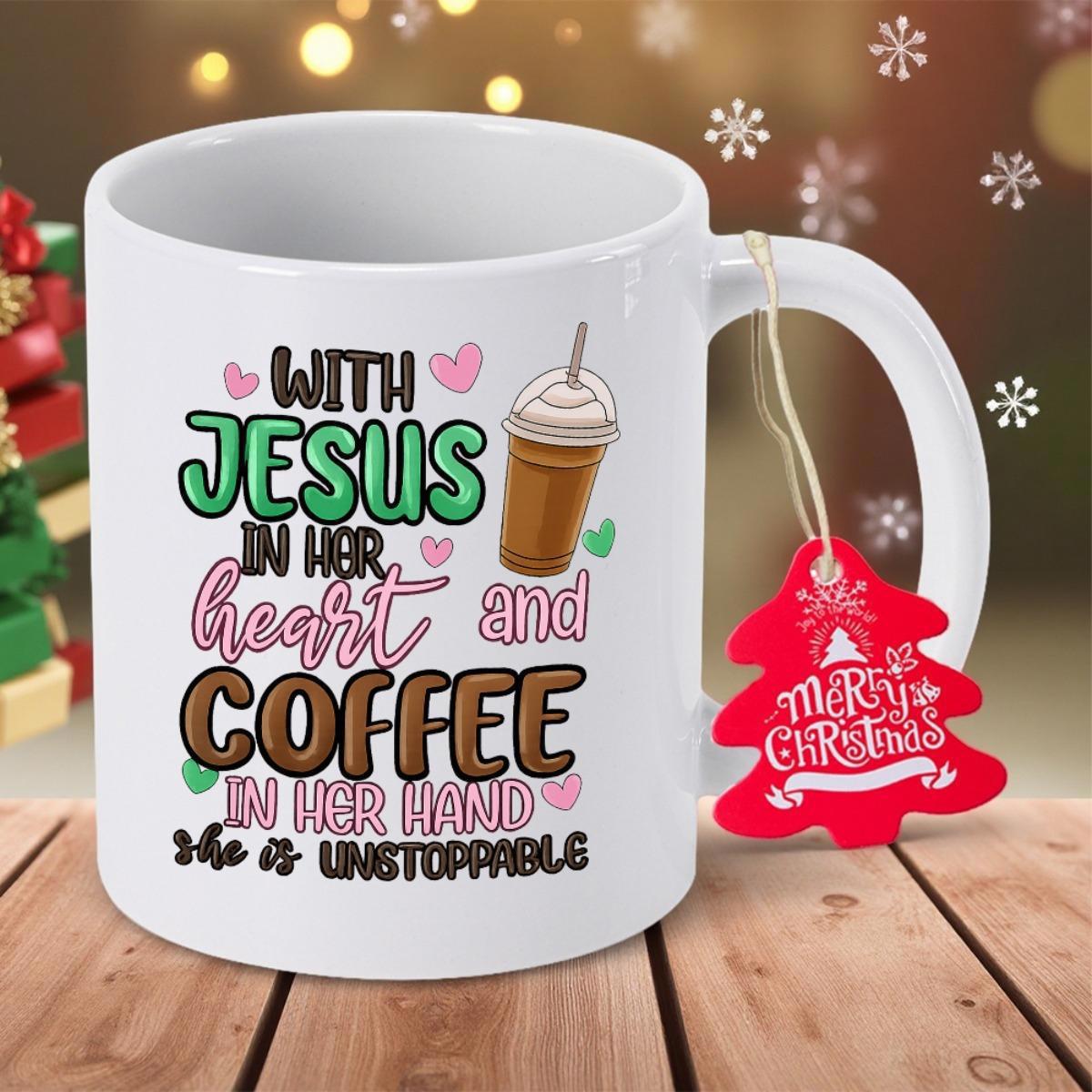 Tailorly White Ceramic 11 oz Mug - With Jesus In Her Heart And Coffee In Her Hand She Is Unstoppable Minimalist Pink Hearts Beside Cold Brew Coffee Cup