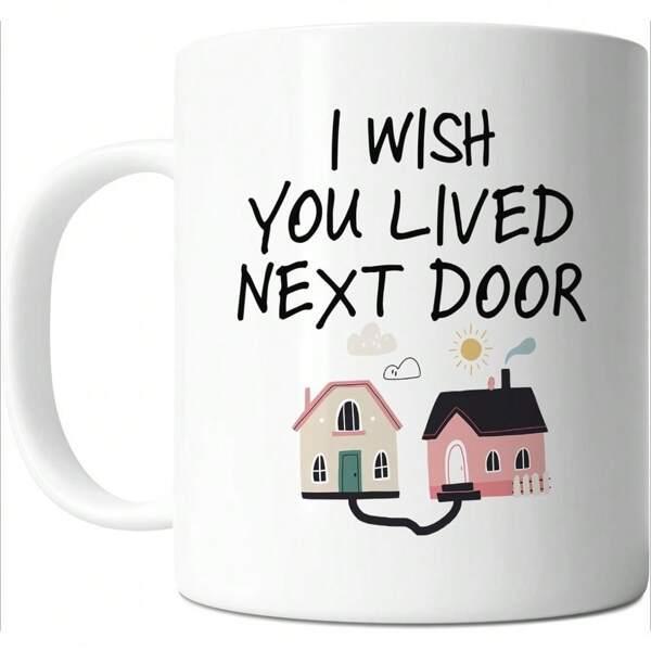 Tailorly White Ceramic 11 oz Mug - I Wish You Lived Next Door Cute Simple Cartoon Illustrations Connected By A Path Under Radiant Sun House