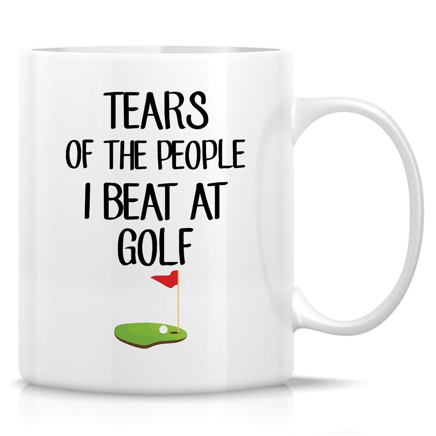 Tailorly White Ceramic 11 oz Mug - Tears Of The People I Beat At Golf Minimalist Putting Green With Red Flag Under Humorous Slogan Text Mug