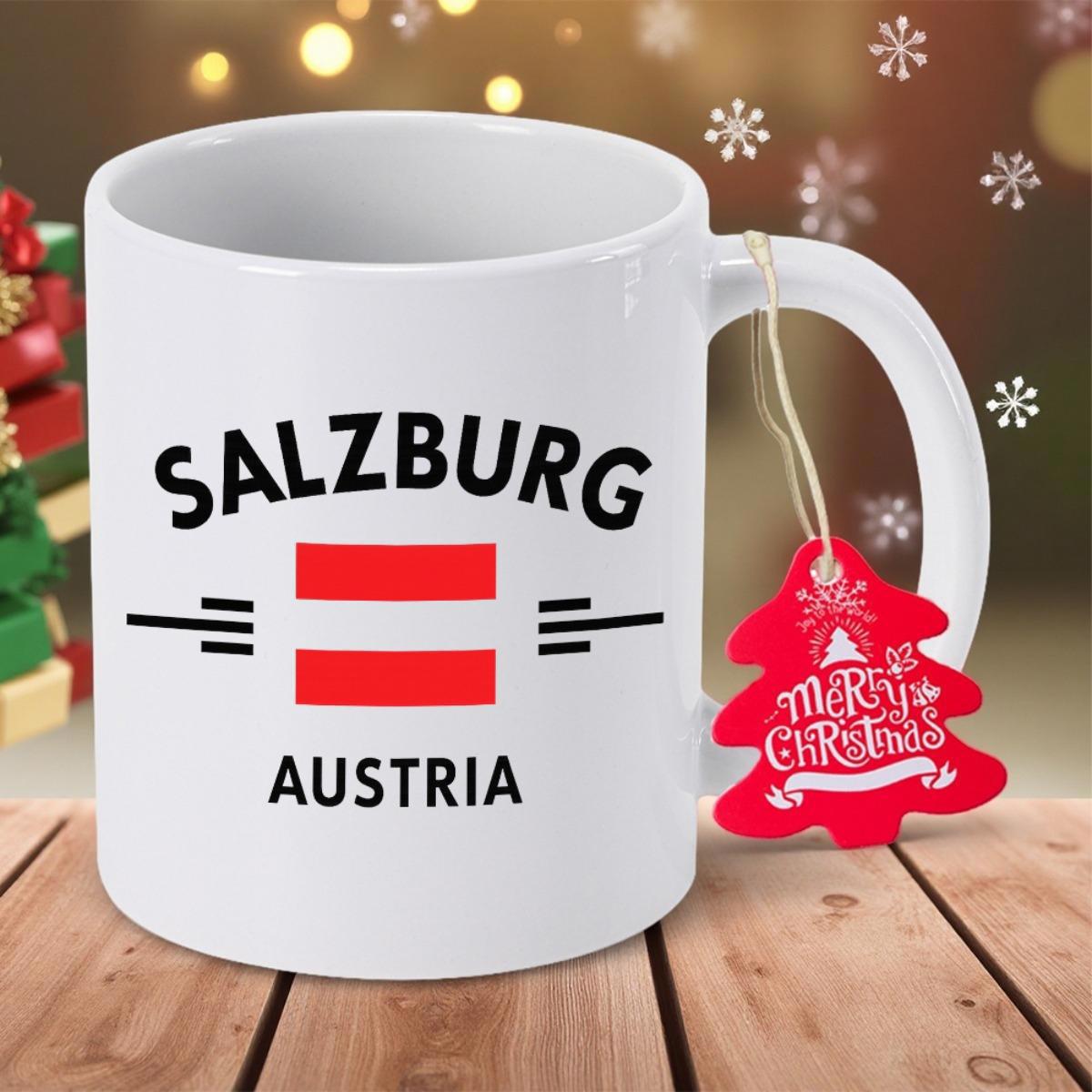 Tailorly White Ceramic 11 oz Mug - Salzburg Austria Merry Christmas Minimalist Design Featuring National Flag Stripes And Clean Modern Sans Serif Typography Mug