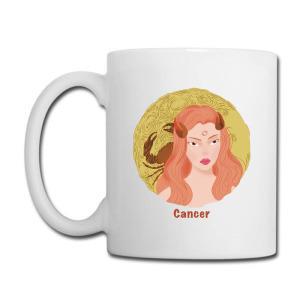 Tailorly White Ceramic 11 oz Mug - Cancer Red Haired Lady With Golden Moon Background And Zodiac Crab Symbol Woman