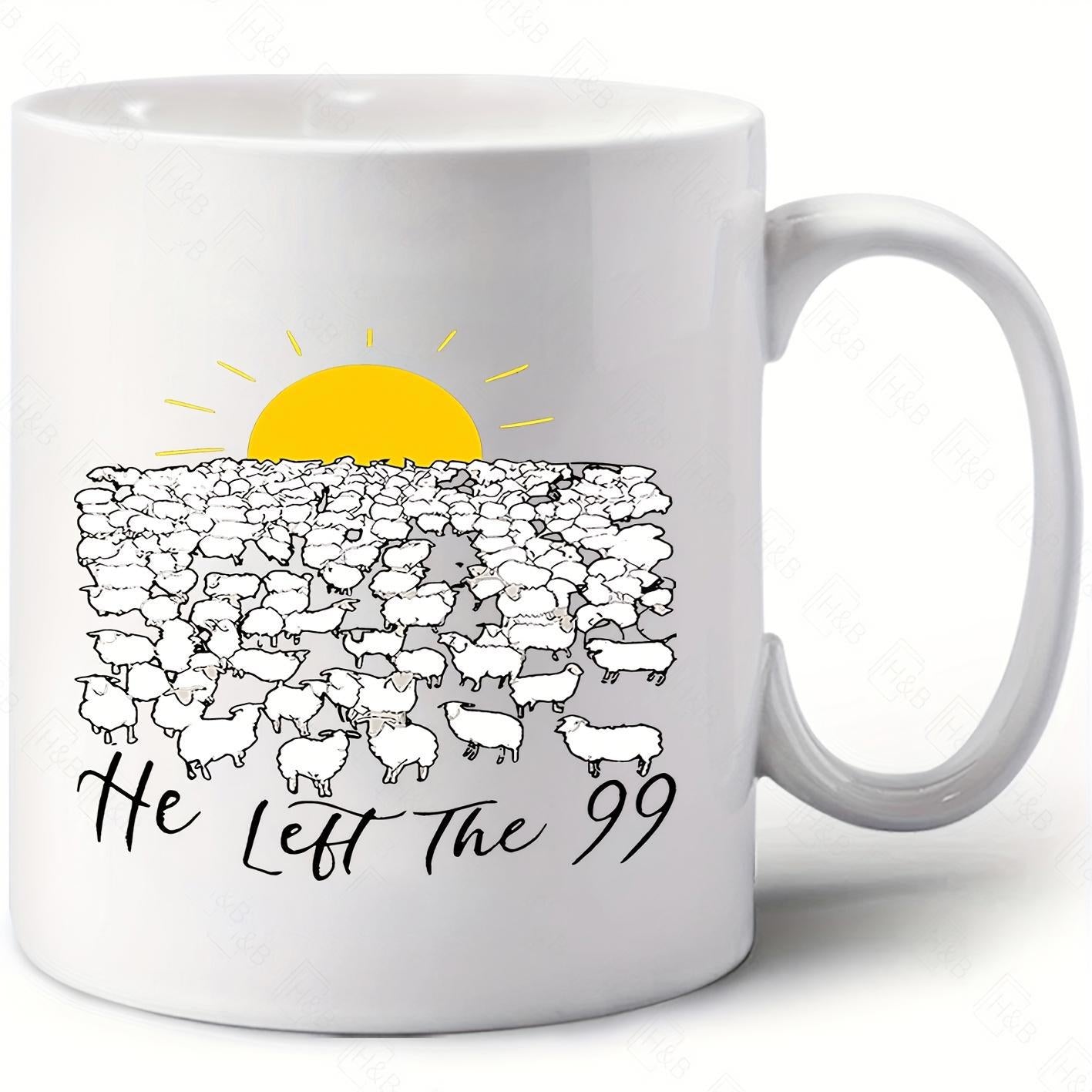 Tailorly White Ceramic 11 oz Mug - He Left The 99 Vast Flock Of White Animals Standing Under A Bright Yellow Shining Sheep