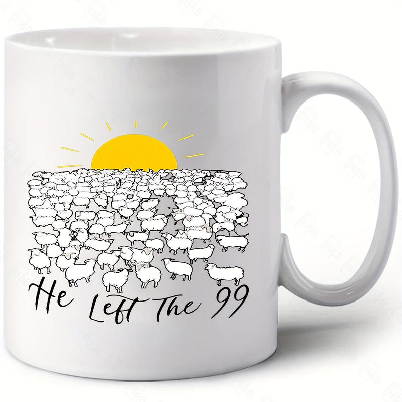 Tailorly White Ceramic 11 oz Mug - He Left The 99 Vast Flock Of White Animals Standing Under A Bright Yellow Shining Sheep