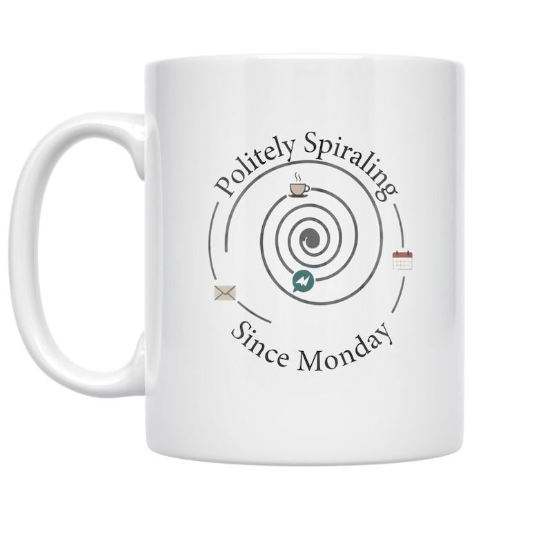 Tailorly White Ceramic 11 oz Mug - Politely Spiraling Since Monday Gray Geometric Lines Featuring Small Daily Icons With Coffee And Calendar Spiral