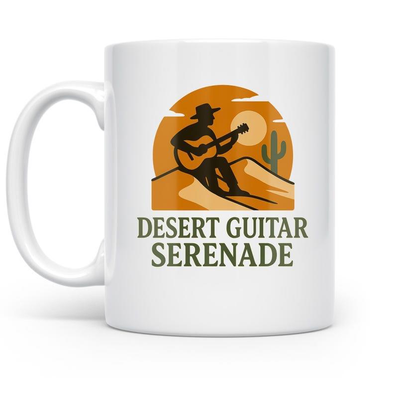 Tailorly White Ceramic 11 oz Mug - Desert Guitar Serenade Lone Musician Playing Melodies Among Desert Dunes Under Golden Sunset Guitarist