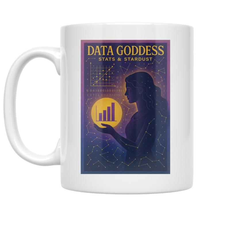 Tailorly White Ceramic 11 oz Mug - Data Goddess Stats Stardust Ethereal Woman Holding Glowing Orb Among Celestial Nebulae And Stars Goddess