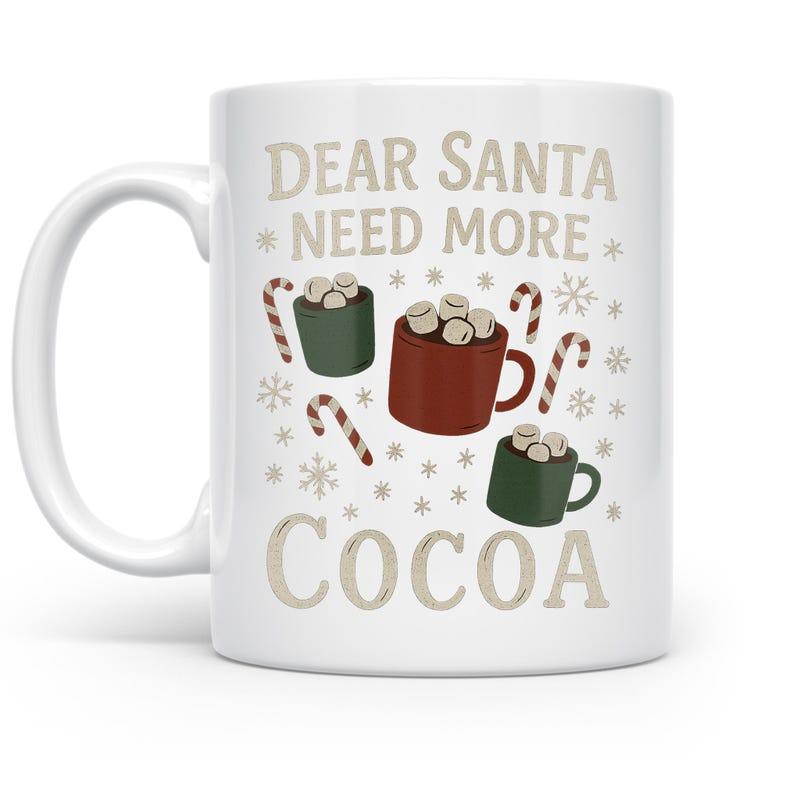Tailorly White Ceramic 11 oz Mug - Dear Santa Need More Cocoa Festive Winter Mugs With Striped Candy Canes And Falling Snowflakes Mug