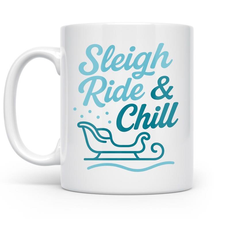 Tailorly White Ceramic 11 oz Mug - Sleigh Ride Chill Minimalist Blue Sleigh Icon Gliding Over Soft Winter Snow Waves Sleigh