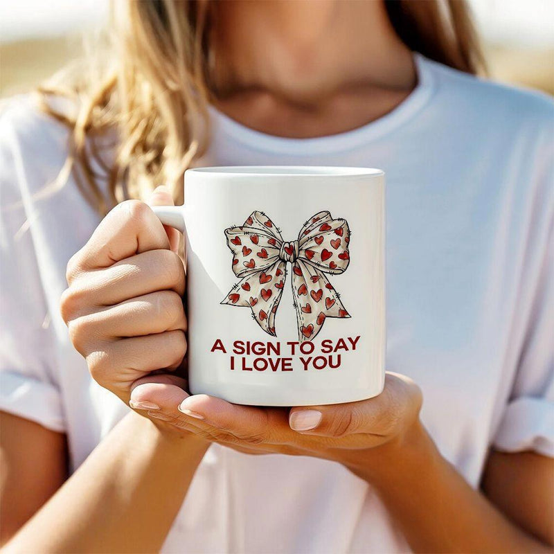 Tailorly White Ceramic 11 oz Mug - A Sign To Say I Love You Elegant Decorative Pattern Featuring Small Red Hearts Within A Classic Bow