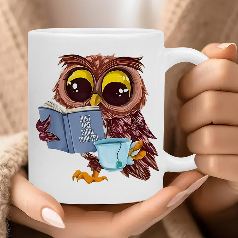 Tailorly White Ceramic 11 oz Mug - Just One More Chapter Whimsical Brown Owl Holding Blue Book And Steaming Tea Cup Owl