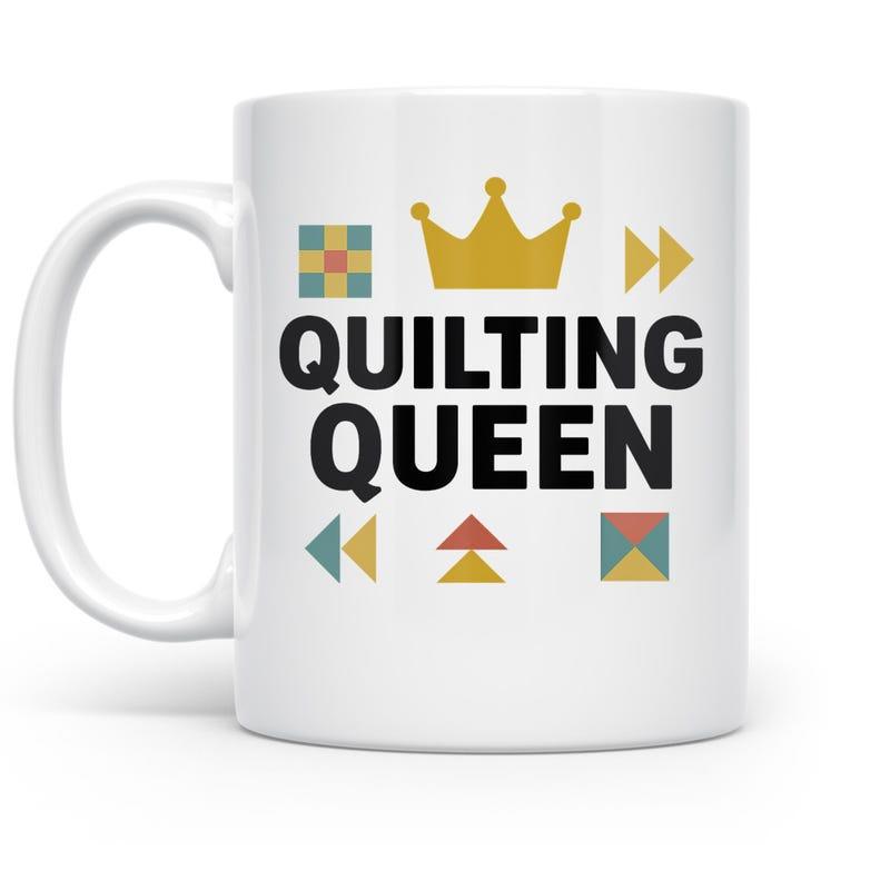 Tailorly White Ceramic 11 oz Mug - Quilting Queen Golden Crown Above Geometric Patterned Quilting Blocks Mug