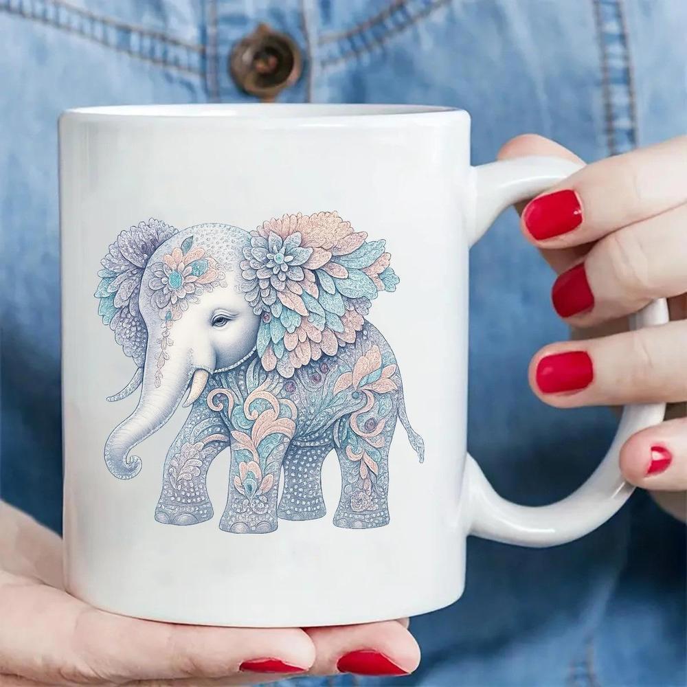 Tailorly White Ceramic 11 oz Mug - Graceful Intricate Floral Patterns Adorning A Pastel Colored Majestic Walking Elephant