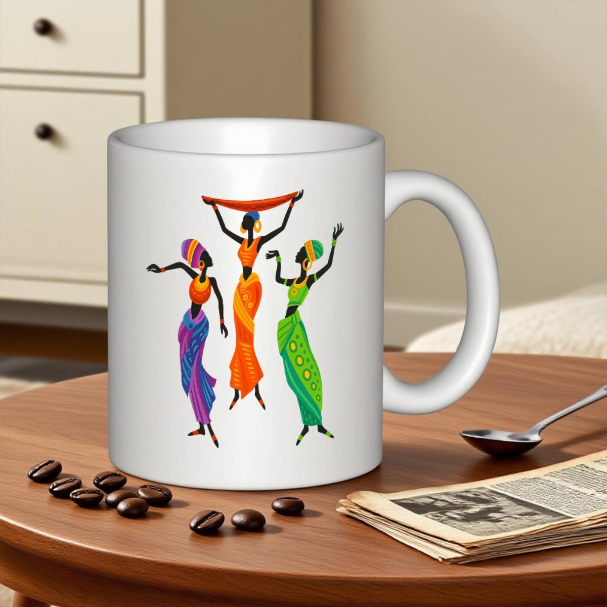 Tailorly White Ceramic 11 oz Mug - Three Vibrant Traditional Dancers Wearing Colorful Patterns Performing Rhythmic Moves Women