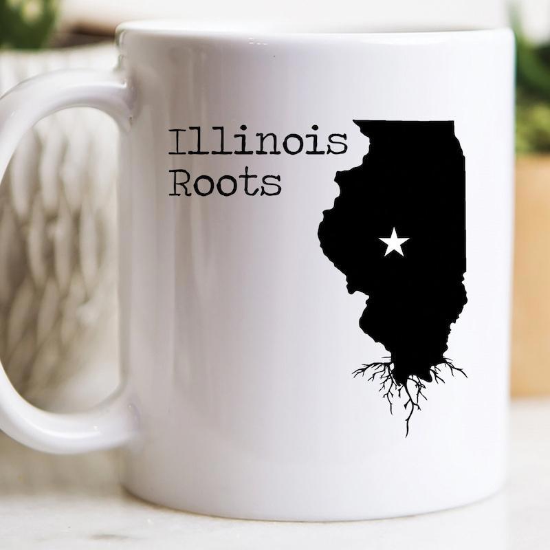 Tailorly White Ceramic 11 oz Mug - Illinois Roots Black State Silhouette With Intricate Roots And Central White Star Map