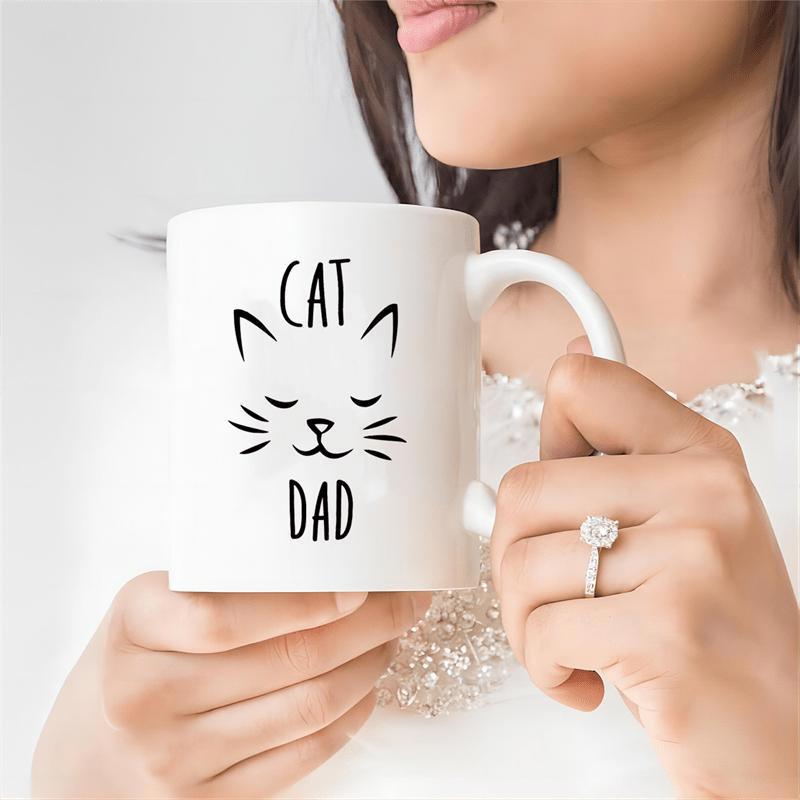 Tailorly White Ceramic 11 oz Mug - Cat Dad Minimalist Black Line Art Drawing Of A Peaceful Sleeping Kitten Cat
