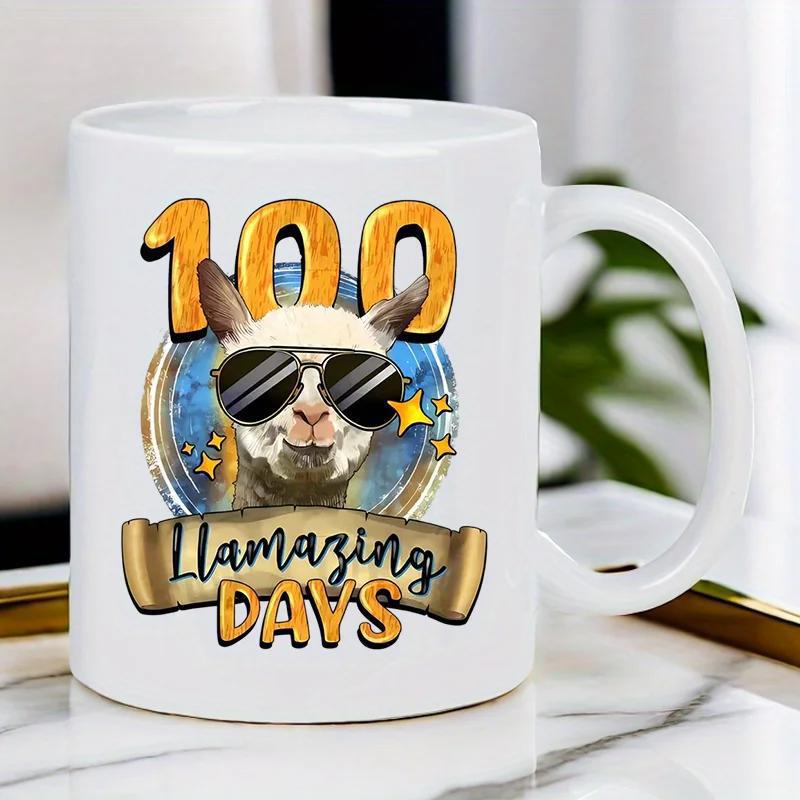 Tailorly White Ceramic 11 oz Mug - 100 Llamazing Days Cool Cartoon Llama Wearing Sunglasses Within A Glowing Circular Blue Frame Llama
