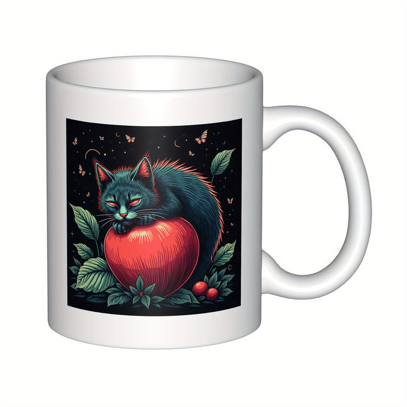Tailorly White Ceramic 11 oz Mug - Adorable Fluffy Animal Sleeping Peacefully On A Ripe Red Shiny Apple Cat
