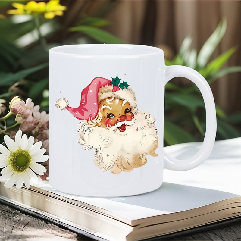 Tailorly White Ceramic 11 oz Mug - Vintage Style Smiling Christmas Character With Pink Hat And Holly Leaves Santa Claus