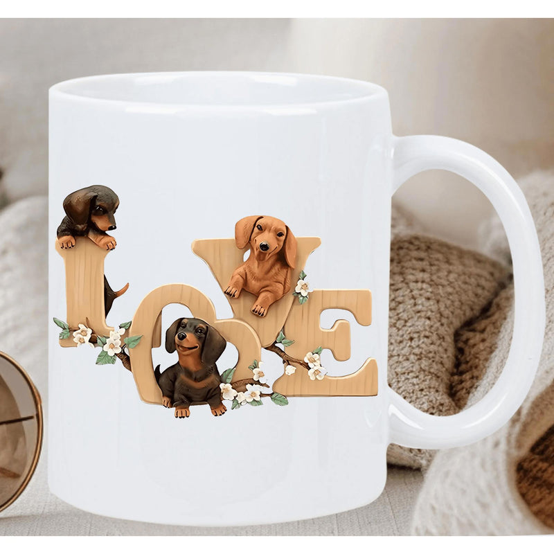 Tailorly White Ceramic 11 oz Mug - Love Three Cute Dachshunds Playing Around Rustic Wooden Styled Floral Letters Dachshund