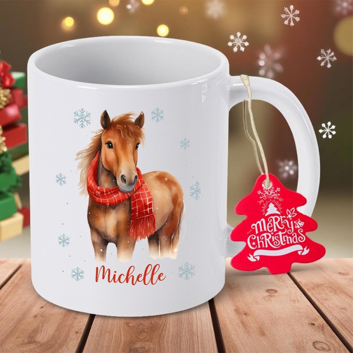 Tailorly White Ceramic 11 oz Mug - Michelle Brown Animal Wearing A Cozy Red Scarf Amidst Falling Snowflakes Horse