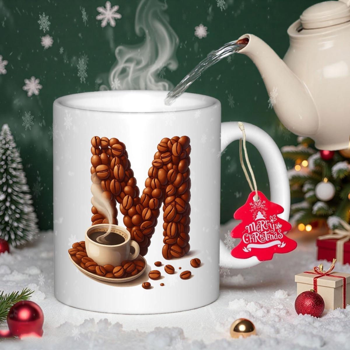 Tailorly White Ceramic 11 oz Mug - Merry Christmas Artistic Initial Letter M Composed Of Roasted Coffee Beans Next To Small Mug