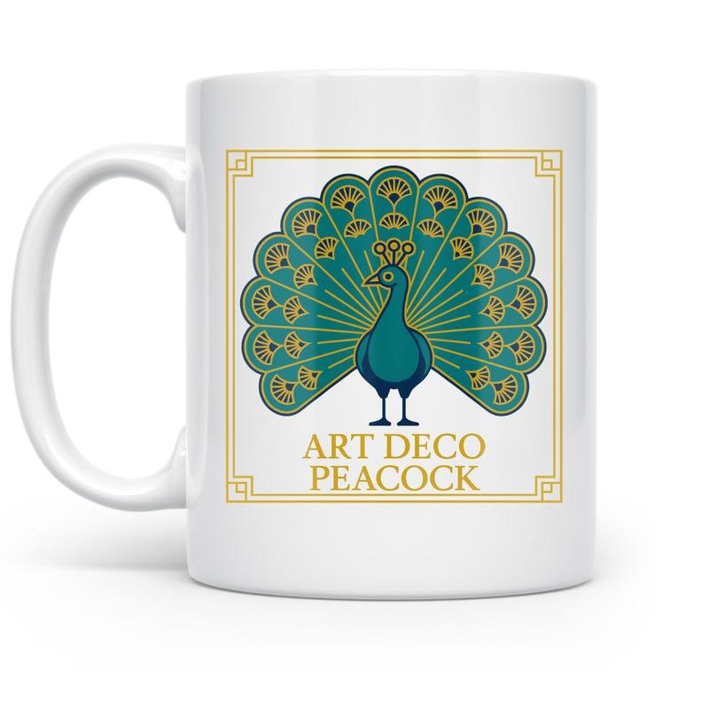 Tailorly White Ceramic 11 oz Mug - Art Deco Peacock Elegant Symmetrical Fanned Feathers Within A Golden Geometric Frame Peacock