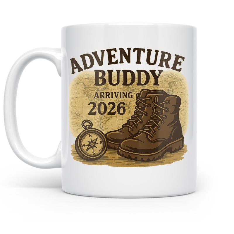 Tailorly White Ceramic 11 oz Mug - Adventure Buddy Arriving 2026 Distressed Brown Leather Hiking Footwear Next To A Classic Metal Compass Boot