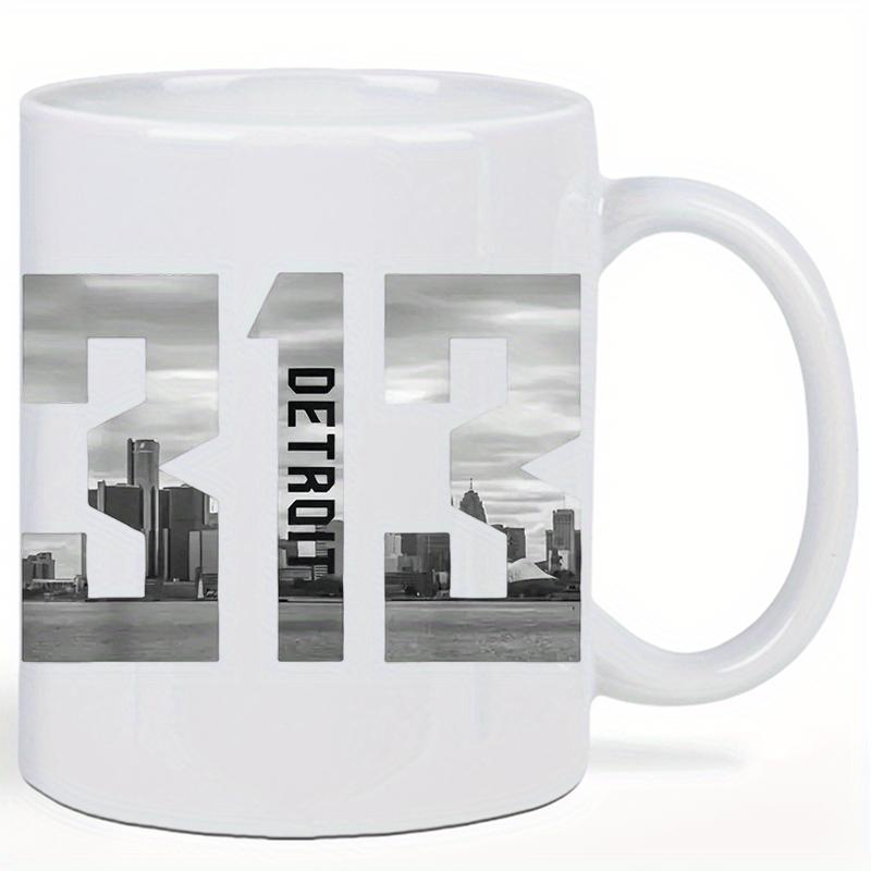 Tailorly White Ceramic 11 oz Mug - Detroit 313 Monochrome Urban Cityscape View Captured Within Bold Geometric Numerical Skyline