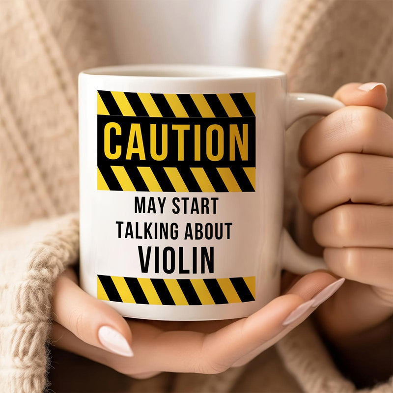 Tailorly White Ceramic 11 oz Mug - Caution May Start Talking About Violin Hazard Warning Stripes With Bold Yellow And Black Industrial Pattern Style Sign