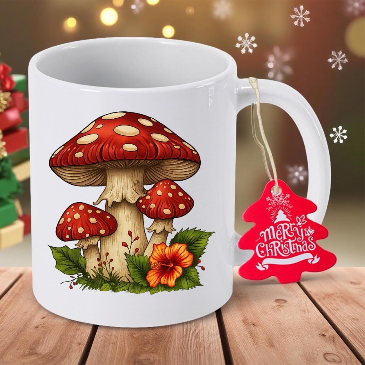 Tailorly White Ceramic 11 oz Mug - Merry Christmas Red Spotted Caps Growing With Lush Greenery And Flower Mushroom