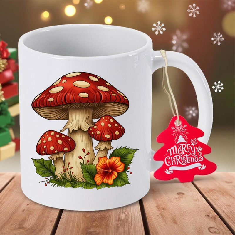 Tailorly White Ceramic 11 oz Mug - Merry Christmas Red Spotted Caps Growing With Lush Greenery And Flower Mushroom