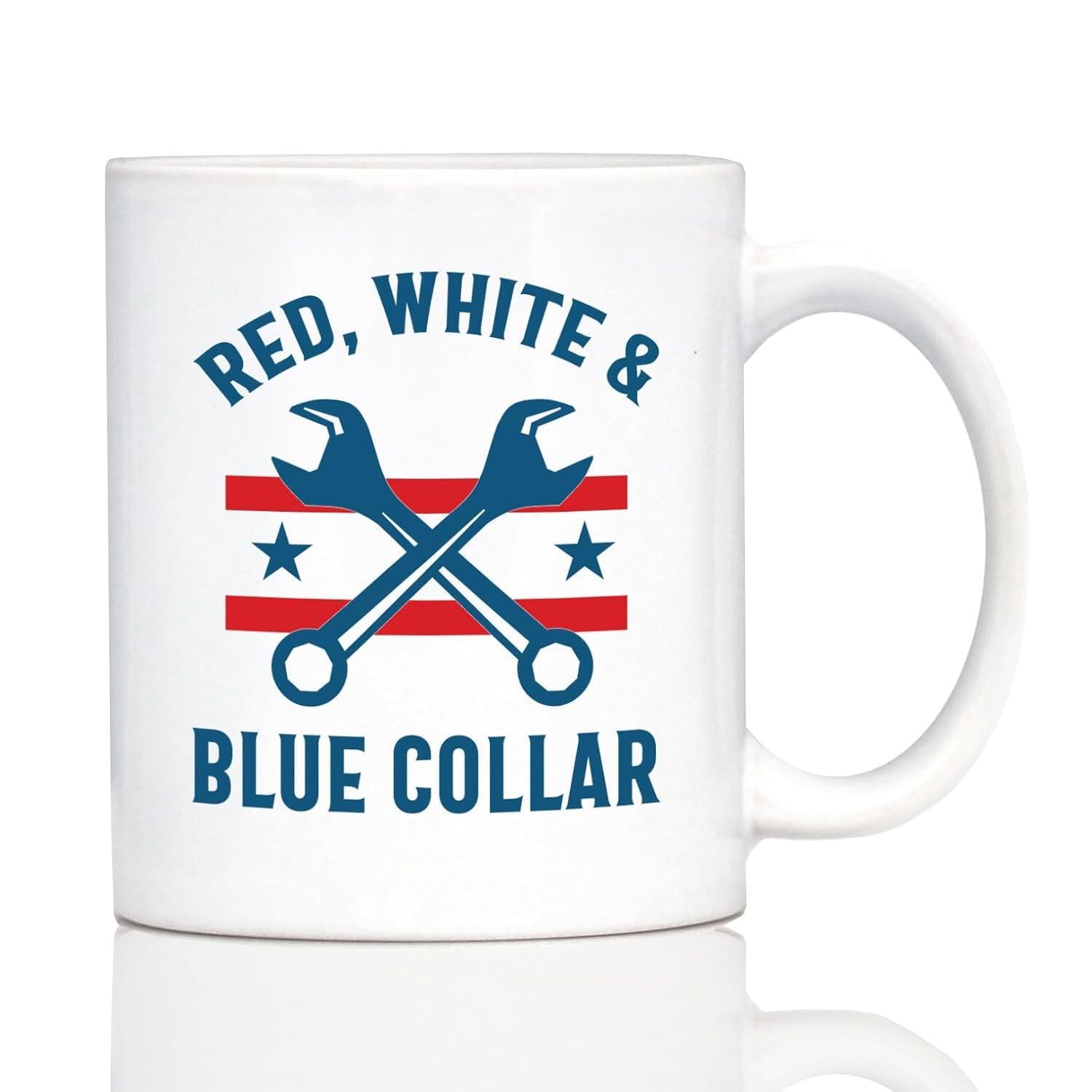 Tailorly White Ceramic 11 oz Mug - Red White Blue Collar Crossed Blue Industrial Wrenches With Red Stripes And Small Stars Wrench