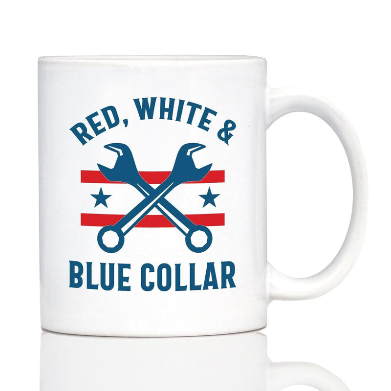 Tailorly White Ceramic 11 oz Mug - Red White Blue Collar Crossed Blue Industrial Wrenches With Red Stripes And Small Stars Wrench