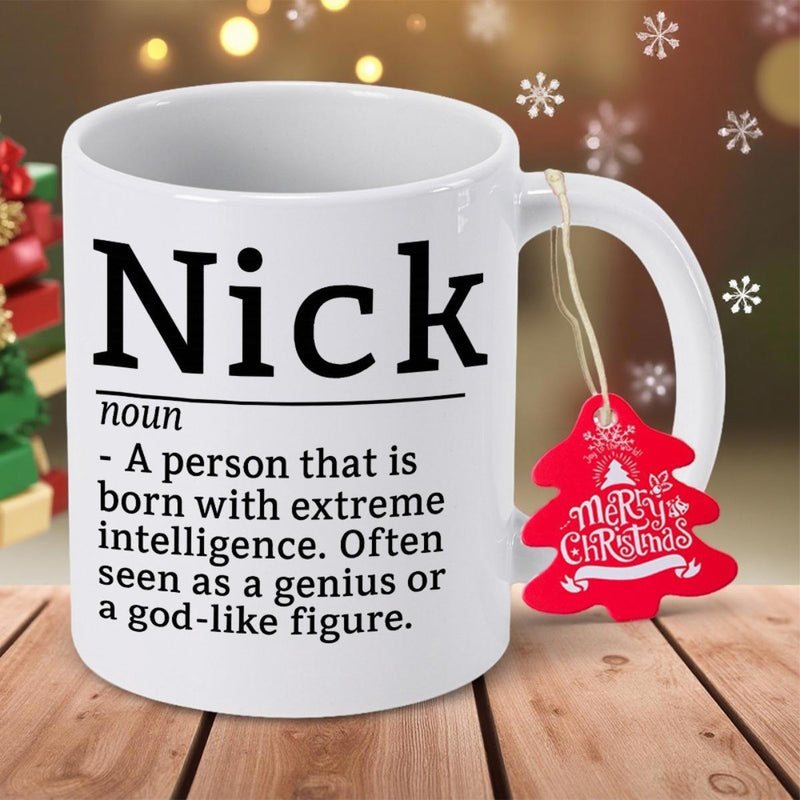 Tailorly White Ceramic 11 oz Mug - Nick Noun Definition Elegant Minimalist White Ceramic With Hanging Red Christmas Tree Tag Mug