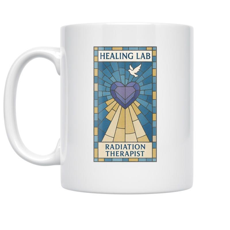 Tailorly White Ceramic 11 oz Mug - Healing Lab Radiation Therapist Stained Glass Style With Radiant Light And Peace Dove Heart