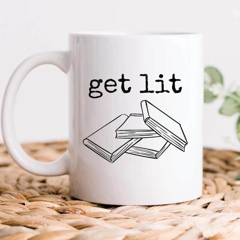 Tailorly White Ceramic 11 oz Mug - Get Lit Minimalist Line Art Illustrating A Simple Stack Of Scattered Books