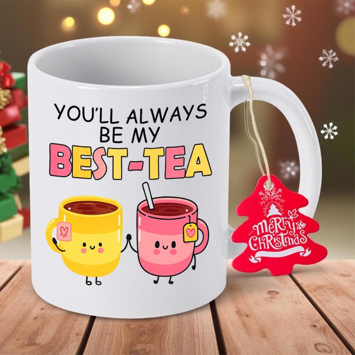 Tailorly White Ceramic 11 oz Mug - Youll Always Be My Best Tea Adorable Smiling Cartoon Cups Holding Hands In Warm Friendship Mug