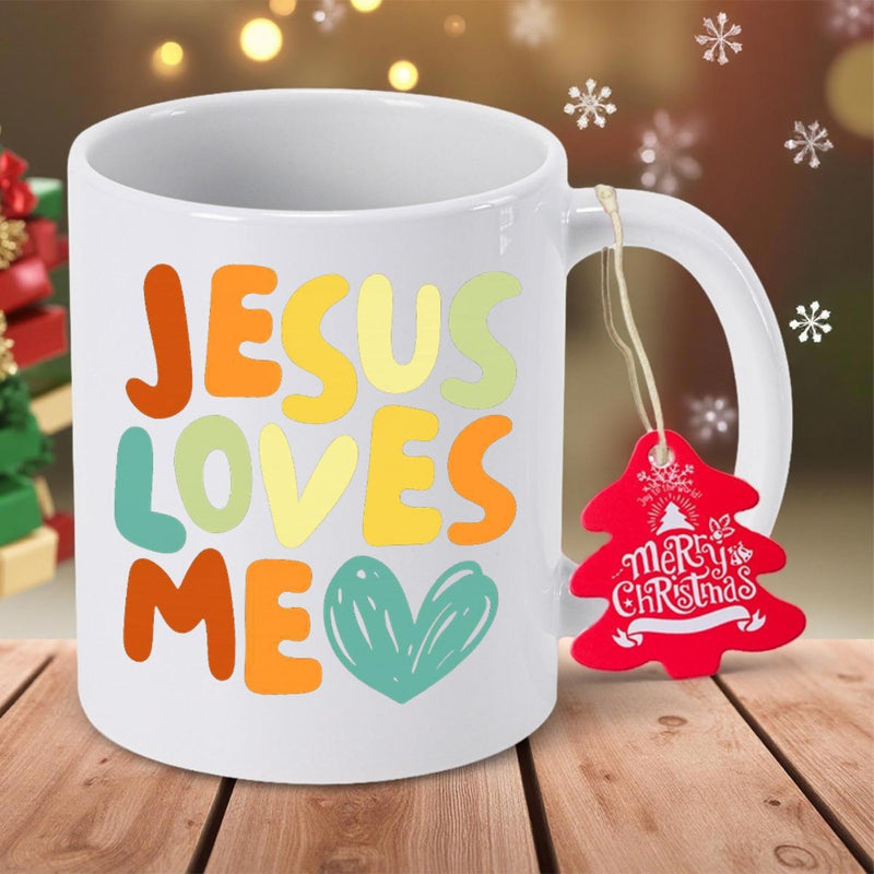 Tailorly White Ceramic 11 oz Mug - Jesus Loves Me Retro Colorful Block Letters With A Stylized Teal Heart
