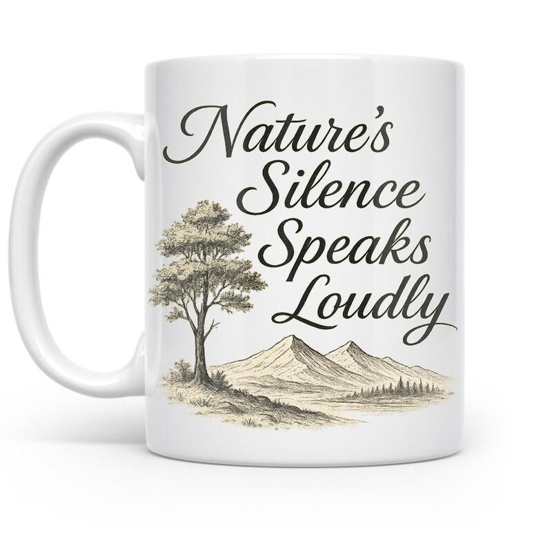 Tailorly White Ceramic 11 oz Mug - Nature's Silence Speaks Loudly Sketch Style Majestic Tree Standing Before Peaceful Mountain Range Landscape Tree