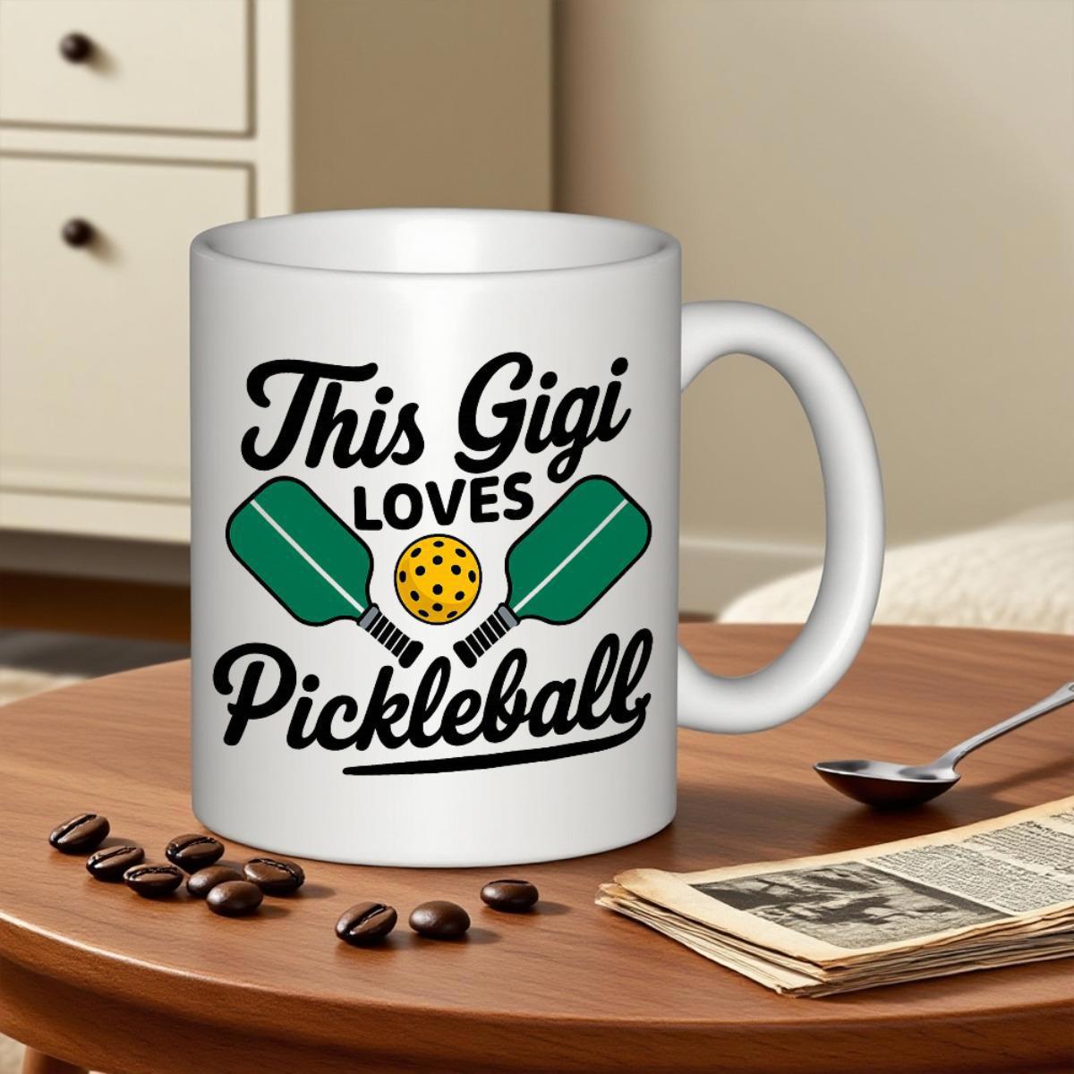 Tailorly White Ceramic 11 oz Mug - This Gigi Loves Pickleball Vibrant Green Paddles Crossing Behind A Perforated Ball Pickleball