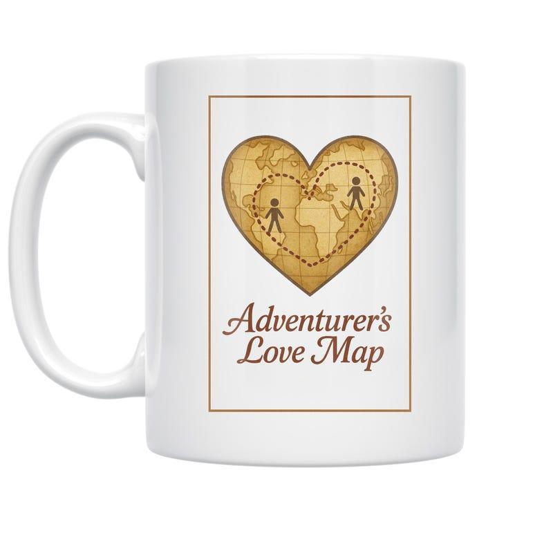 Tailorly White Ceramic 11 oz Mug - Adventurer's Love Map Vintage World Map Heart With Traveling Couple Figures Under Dotted Line Mug