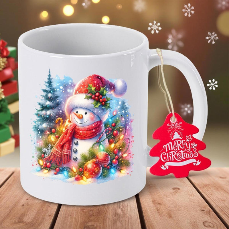 Tailorly White Ceramic 11 oz Mug - Merry Christmas Festive Watercolor Scene Featuring Glowing String Lights And Tree Snowman