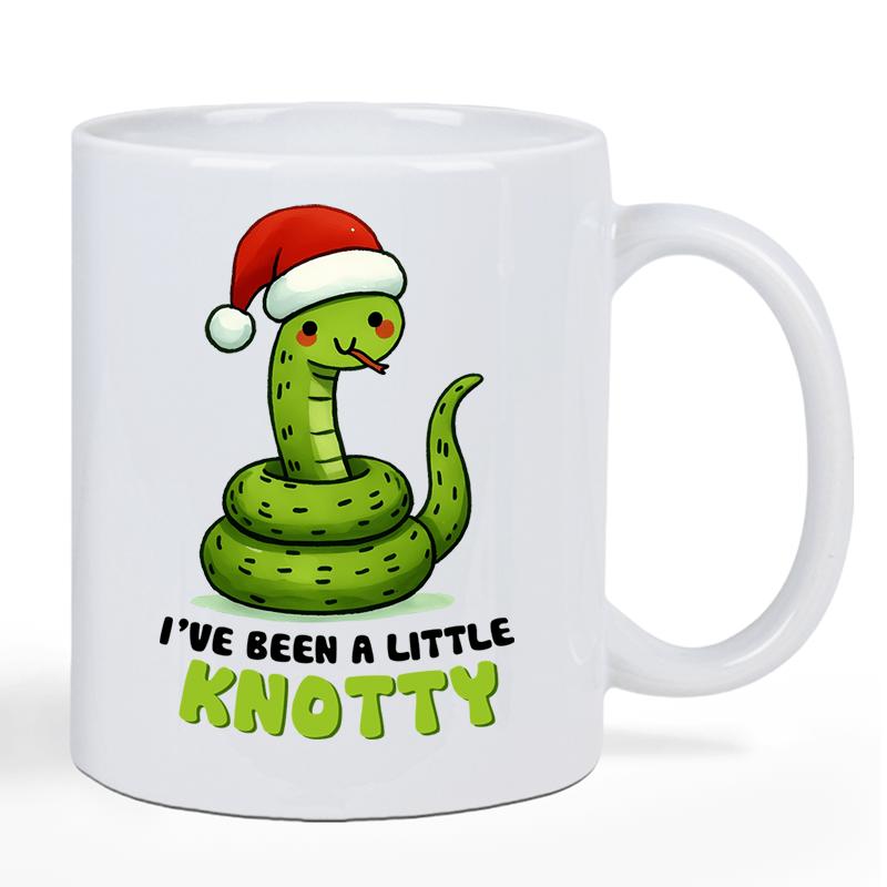 Tailorly White Ceramic 11 oz Mug - Ive Been A Little Knotty Coiled Green Cartoon Snake Wearing A Red Santa Hat Snake
