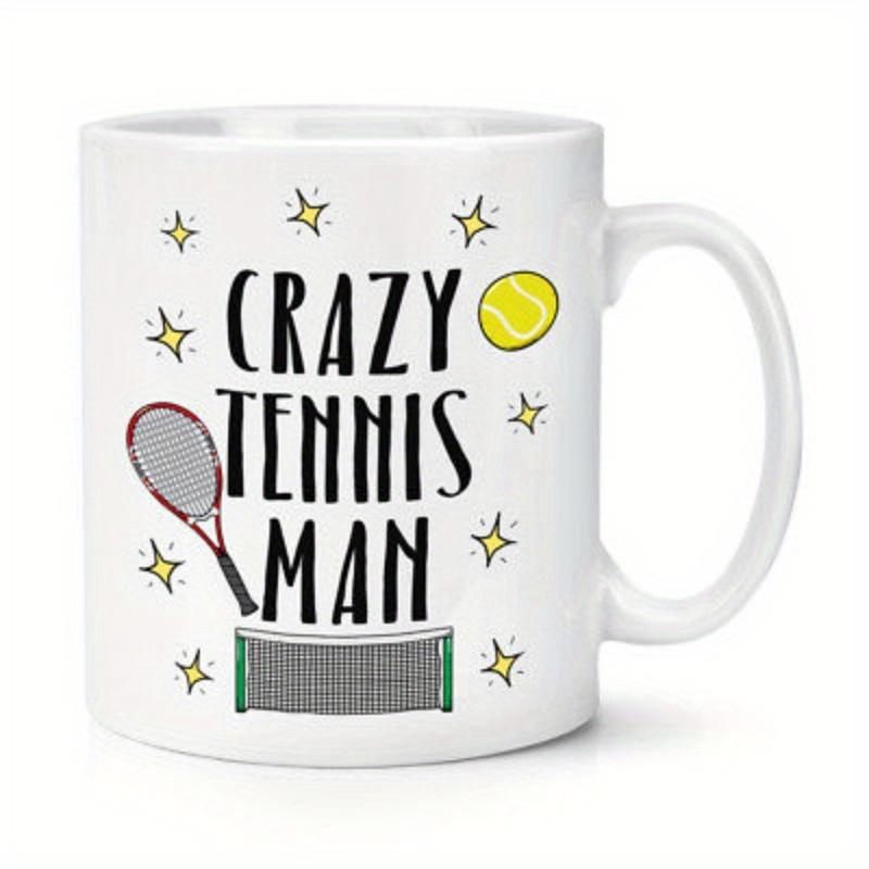 Tailorly White Ceramic 11 oz Mug - Crazy Tennis Man Hand Drawn Racket And Ball Floating Among Twinkling Shining Stars Tennis