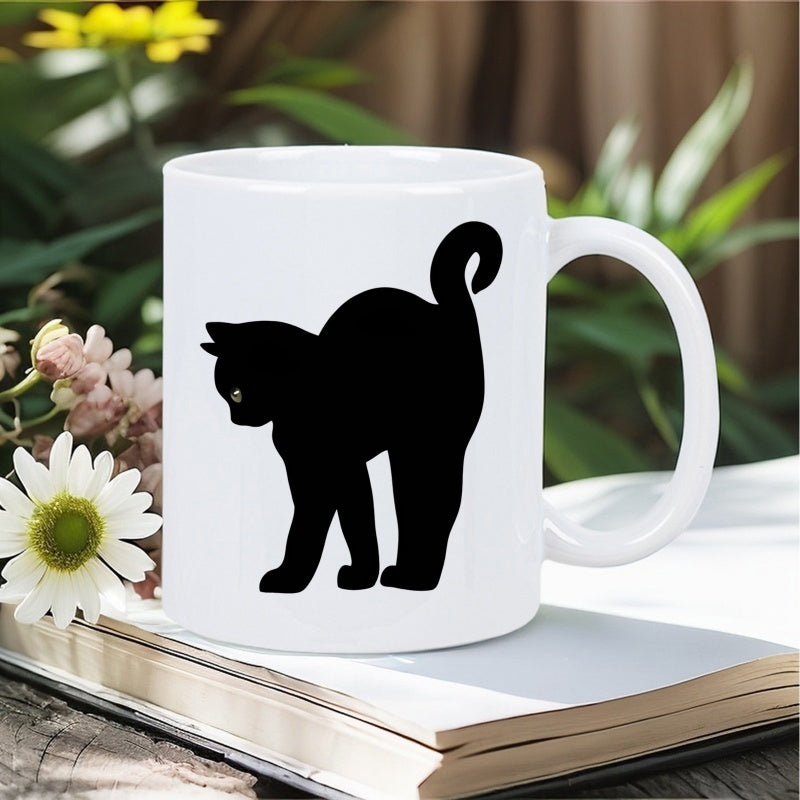 Tailorly White Ceramic 11 oz Mug - Mysterious Sleek Silhouette Of A Playful Arched Back Black Cat