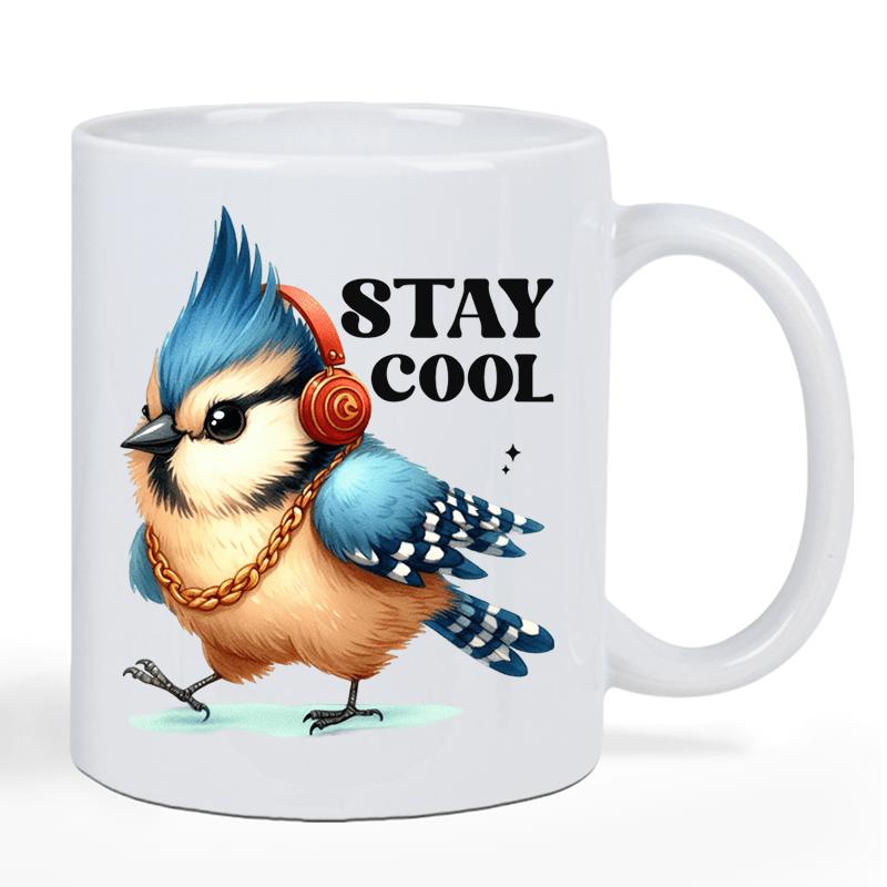 Tailorly White Ceramic 11 oz Mug - Stay Cool Vibrant Blue Jay Wearing Red Headphones And Golden Chain Bird